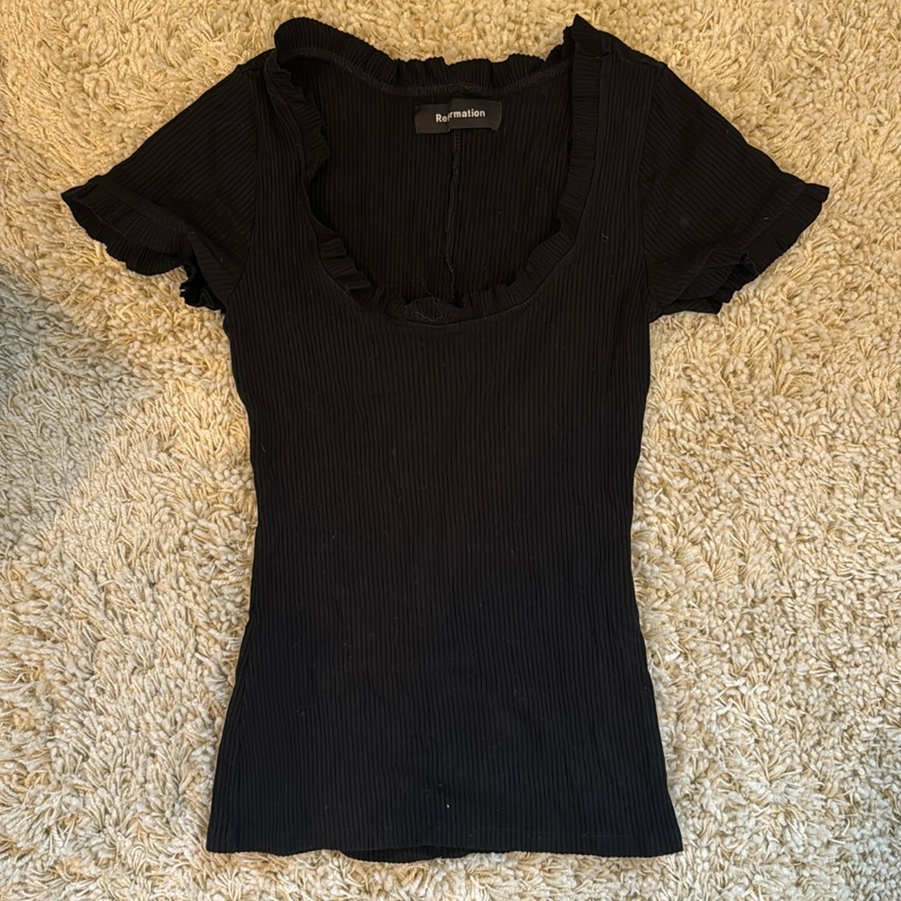 Reformation Ruffle Detail ribbed short sleeve top